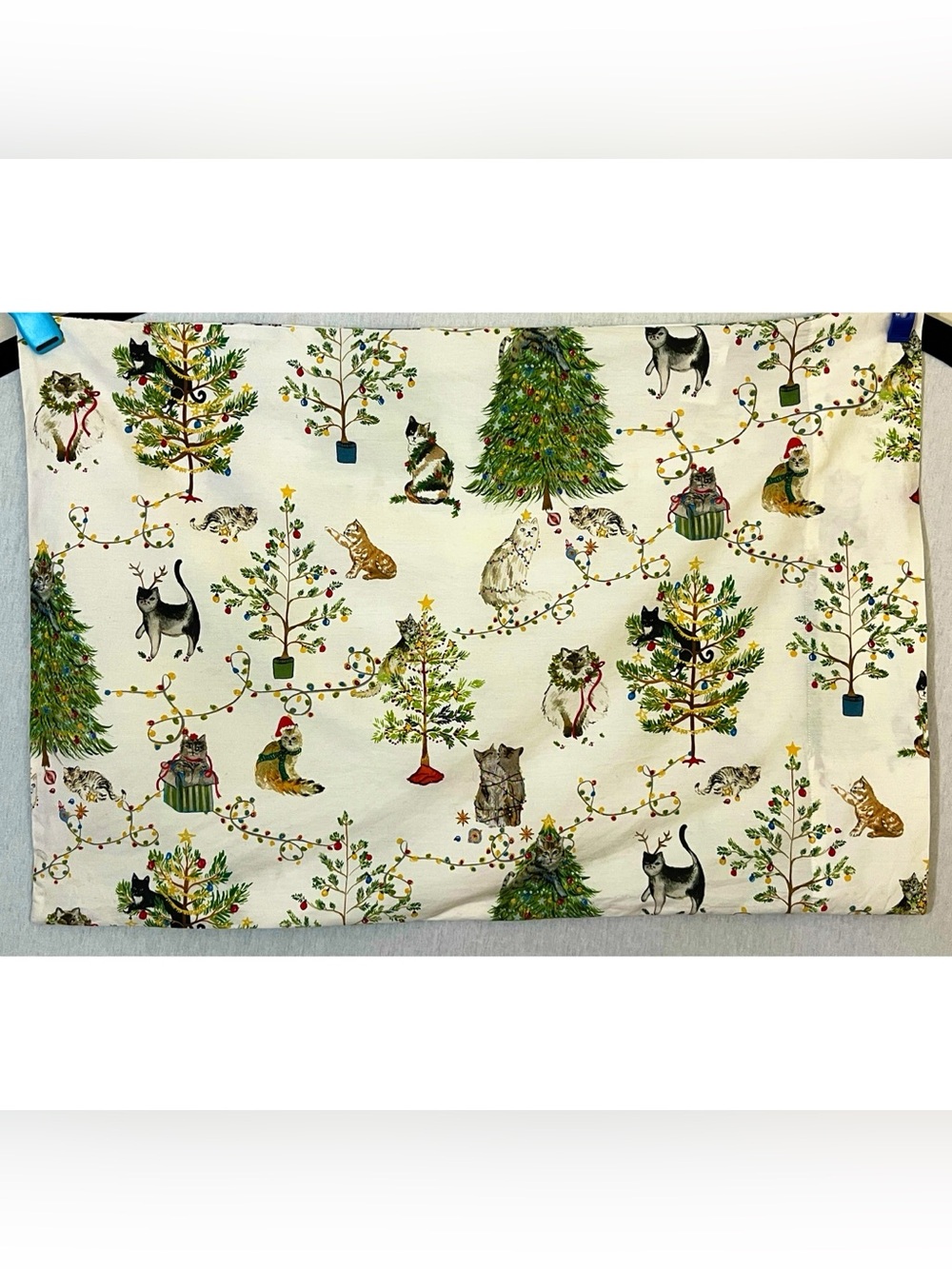 Pottery Barn Holiday Cat & Tree Print 100% organic cotton Queen pillow case sham